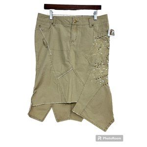 Fairycore Skirt Western Cowgirl Khaki Embroidered Rhinestones‎ Asymmetrical Boho